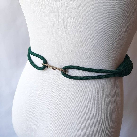 Vtg 80s Green & Gold Braided Rope Belt with Fish Hook Buckle, Fits 28" Waist - Picture 5 of 8